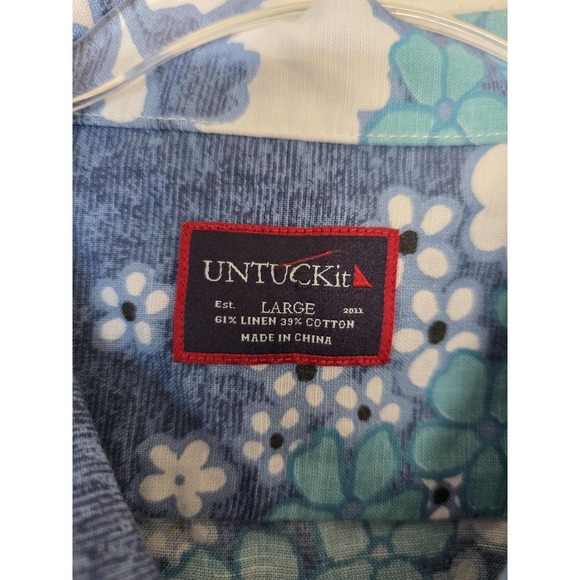 UNTUCKit Shirt Mens Large Blue Floral Hawaiian Short Sleeve Linen Cotton Casual - Picture 2 of 10